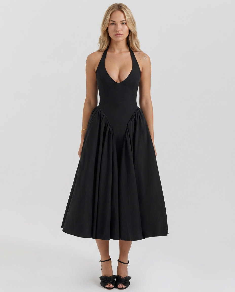 Mari • Vestido Midi Halter con Falda Amplia